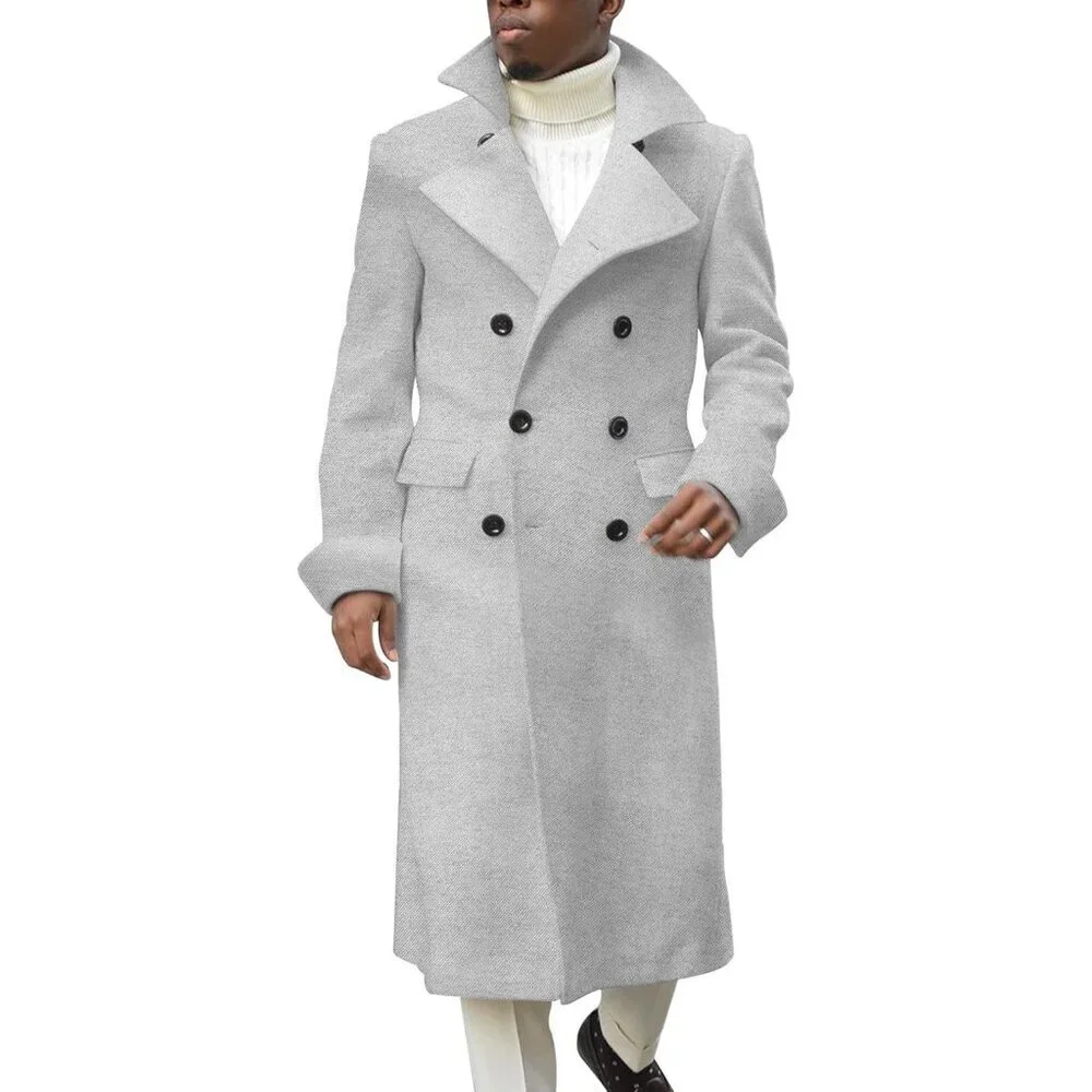 Men's Light Grey Notch Lapel Double Breasted Trench Coat Cotton Blend Pea coat